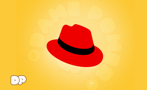 Logo de red hat sobre logo de DamePower con fondo amarillo de DP